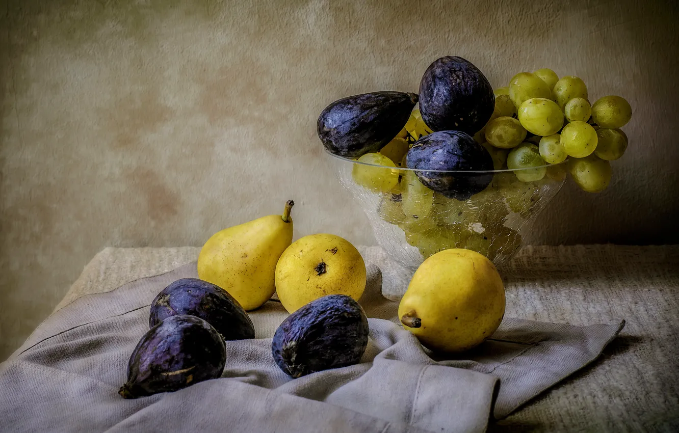 Photo wallpaper grapes, vase, fruit, still life, pear, figs