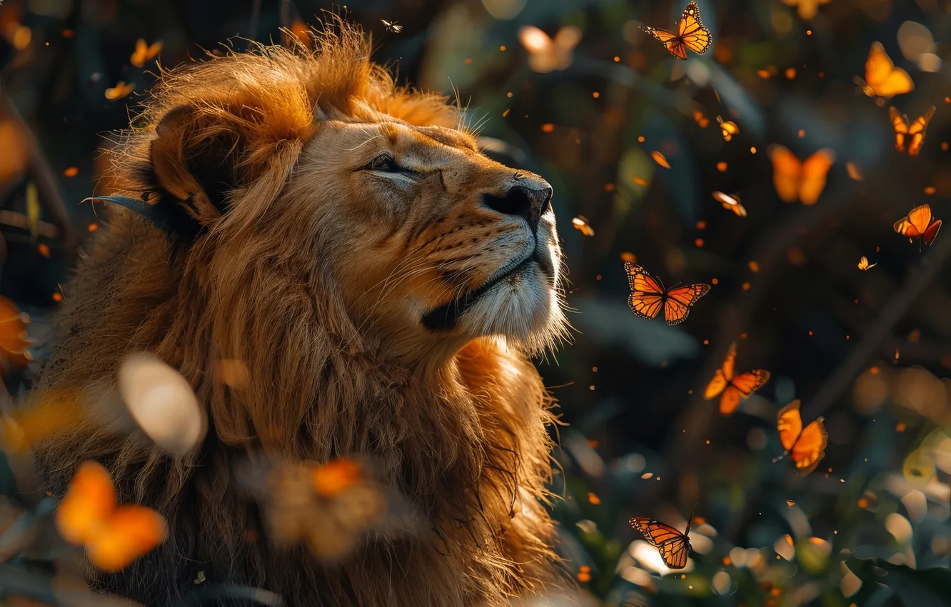 Photo wallpaper face, butterfly, predator, Leo, big cat, digital art, AI art, The Art of Artificial Intelligence