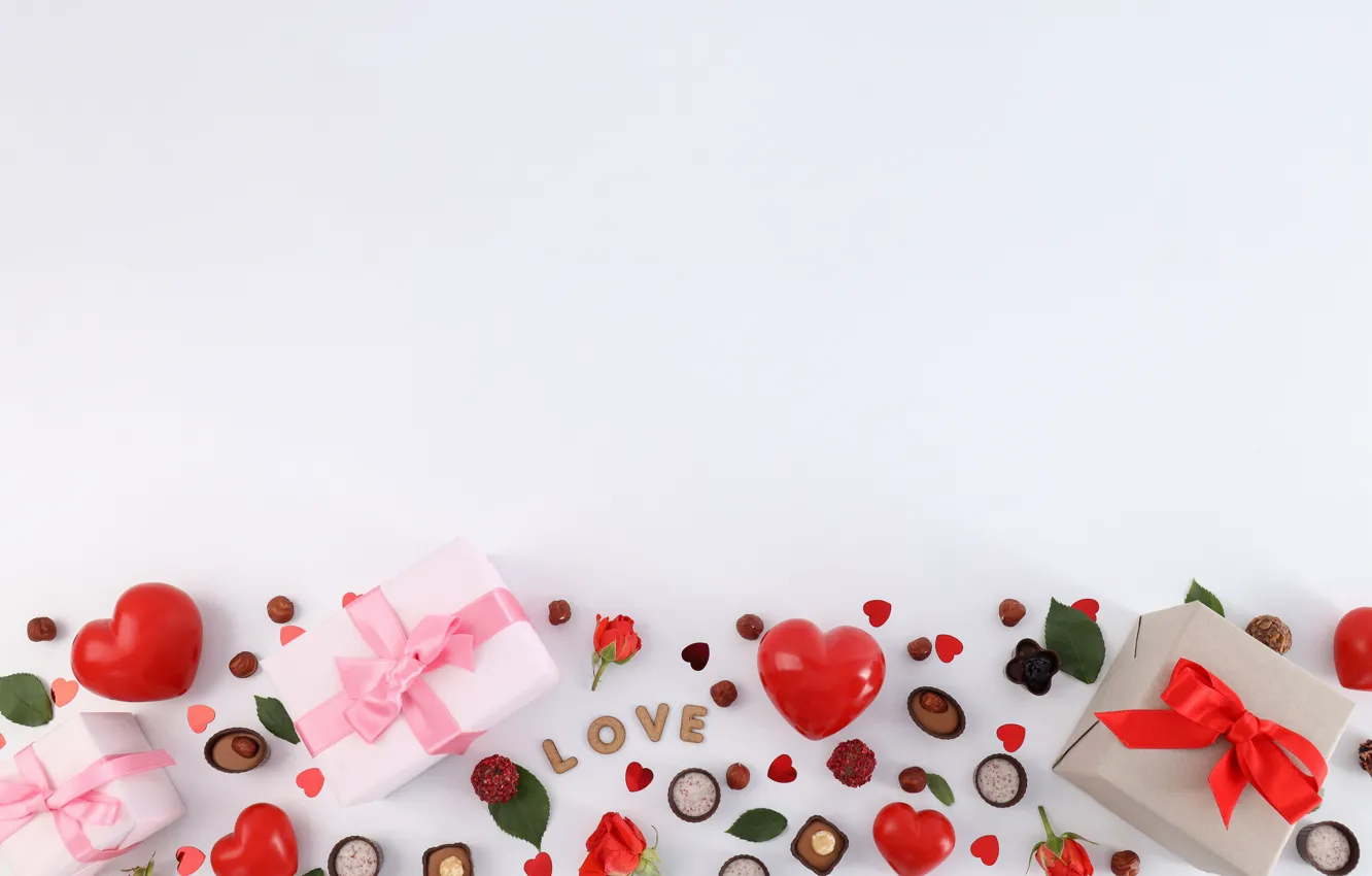 Photo wallpaper love, romance, heart, chocolate, gifts, hearts, red, love