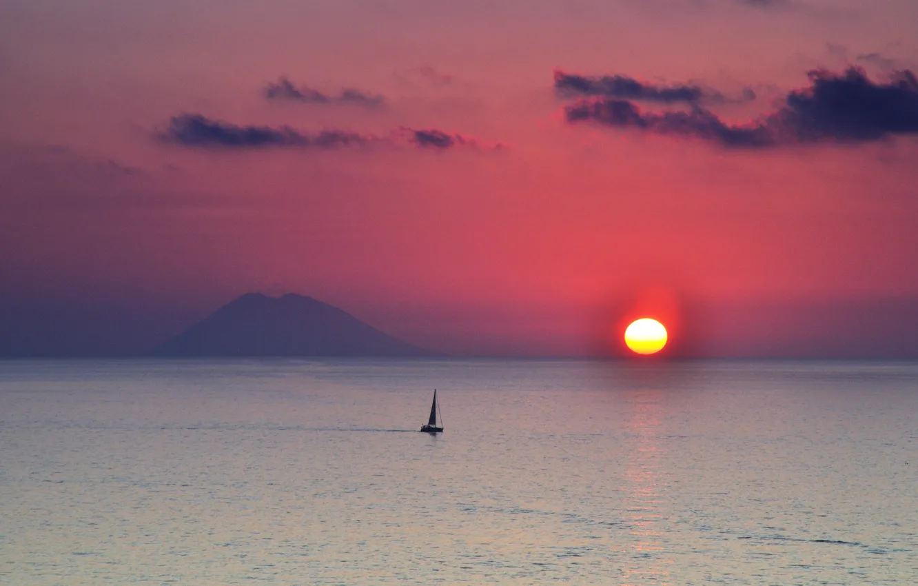 Photo wallpaper sunset, boat, the volcano, sail, Tropea, Stromboli
