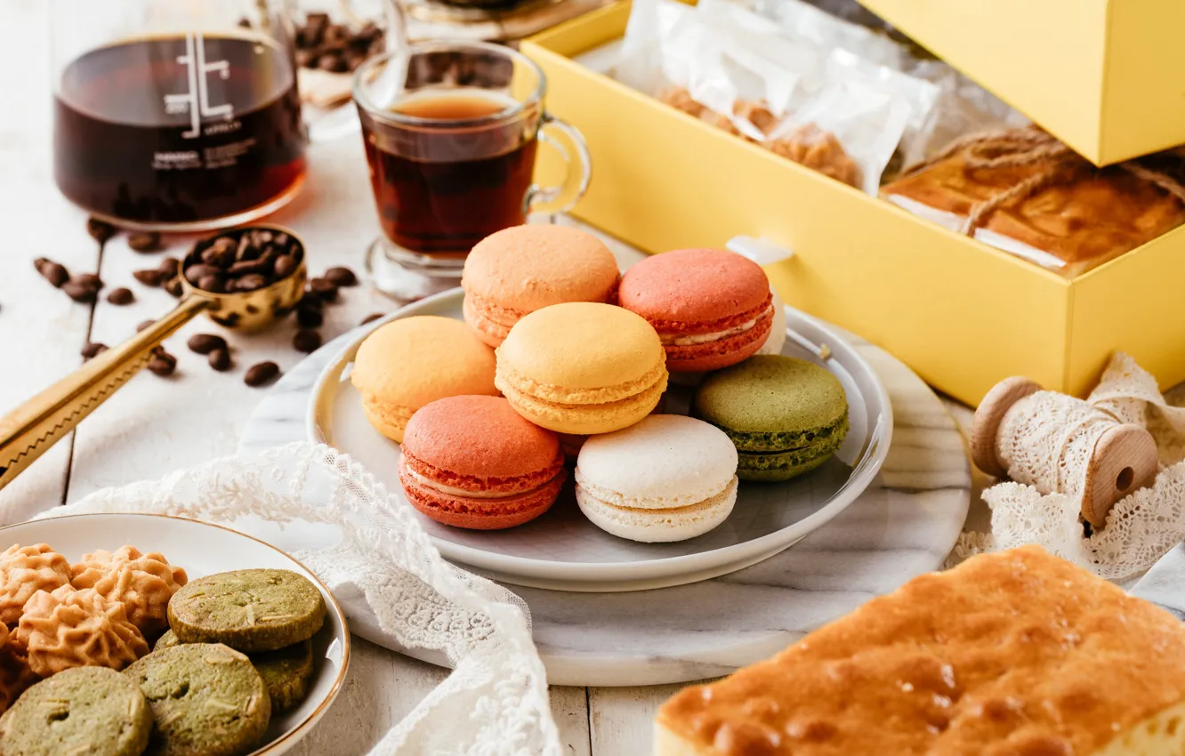 Photo wallpaper coffee, pie, macaroon