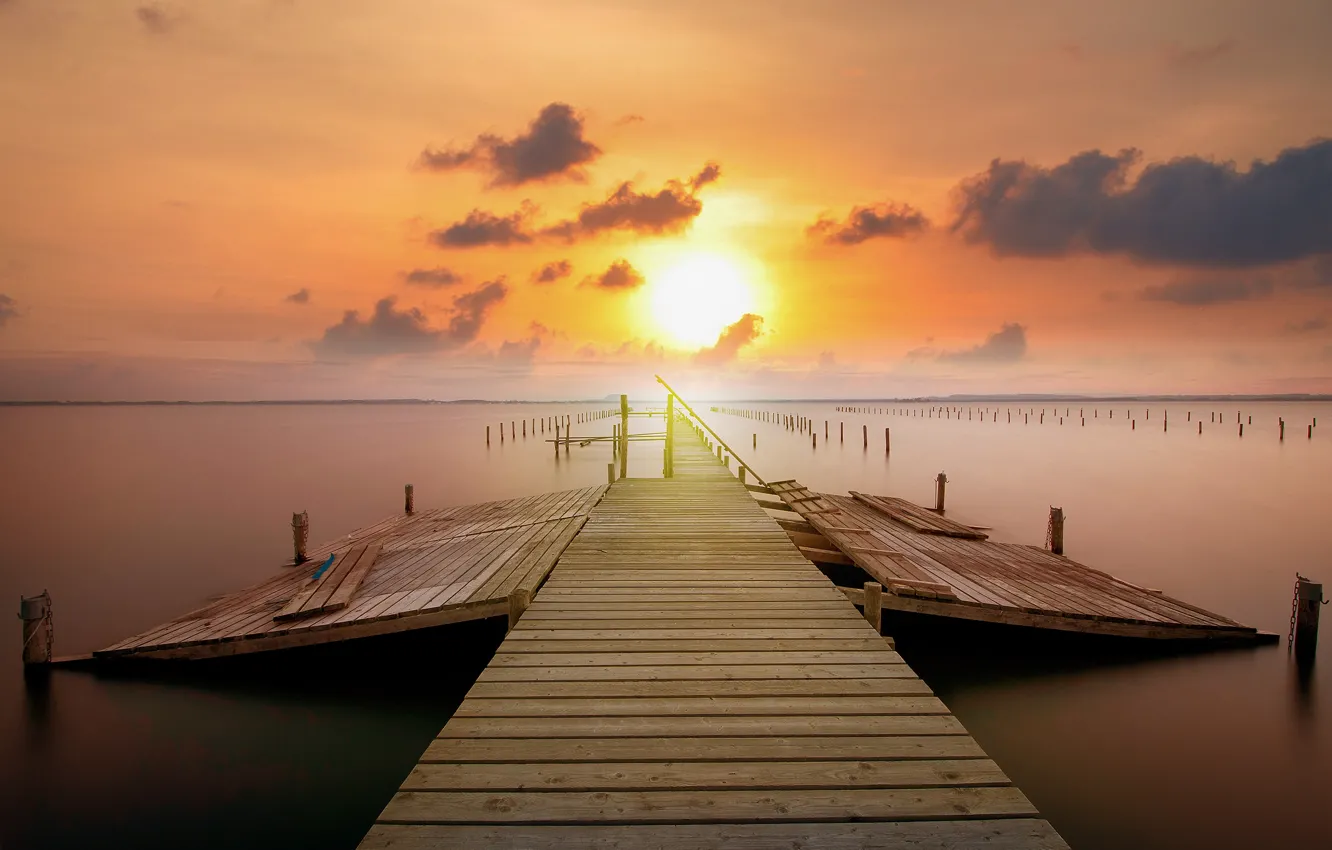 Photo wallpaper the sun, sunset, bridge, dawn, shore, pierce, the bridge, pond