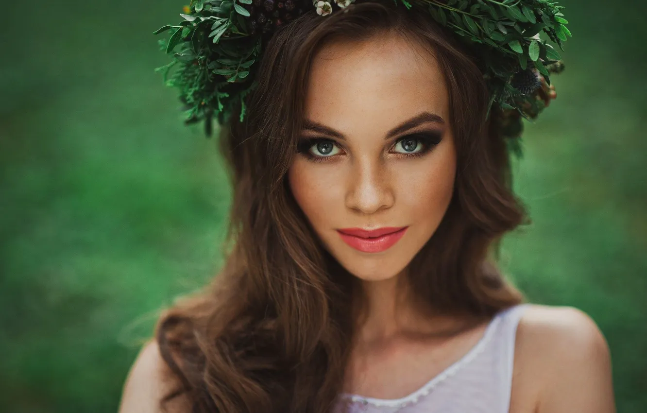 Photo wallpaper look, background, model, portrait, makeup, hairstyle, brown hair, beauty