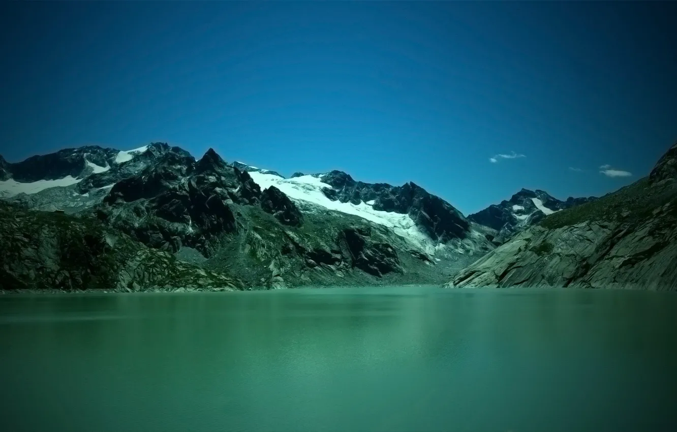 Photo wallpaper mountains, green, lake
