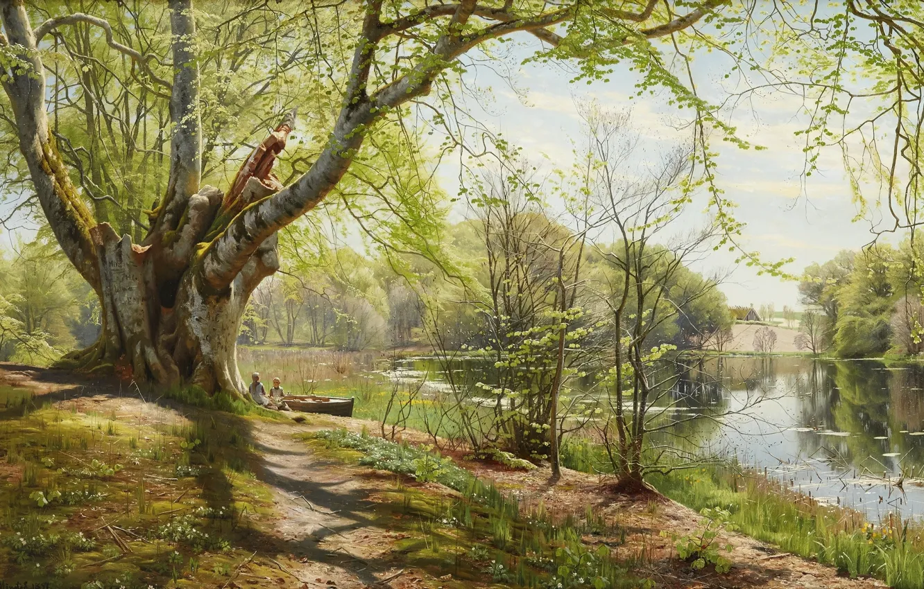 Photo wallpaper 1897, Danish painter, Peter Merk Of Menstad, Peder Mørk Mønsted, Danish realist painter, Green spring …
