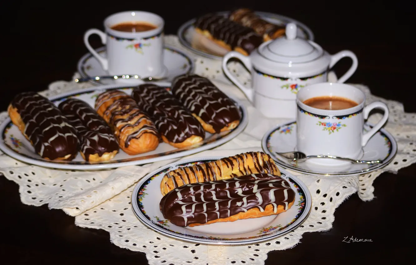 Photo wallpaper coffee, cake, eclairs