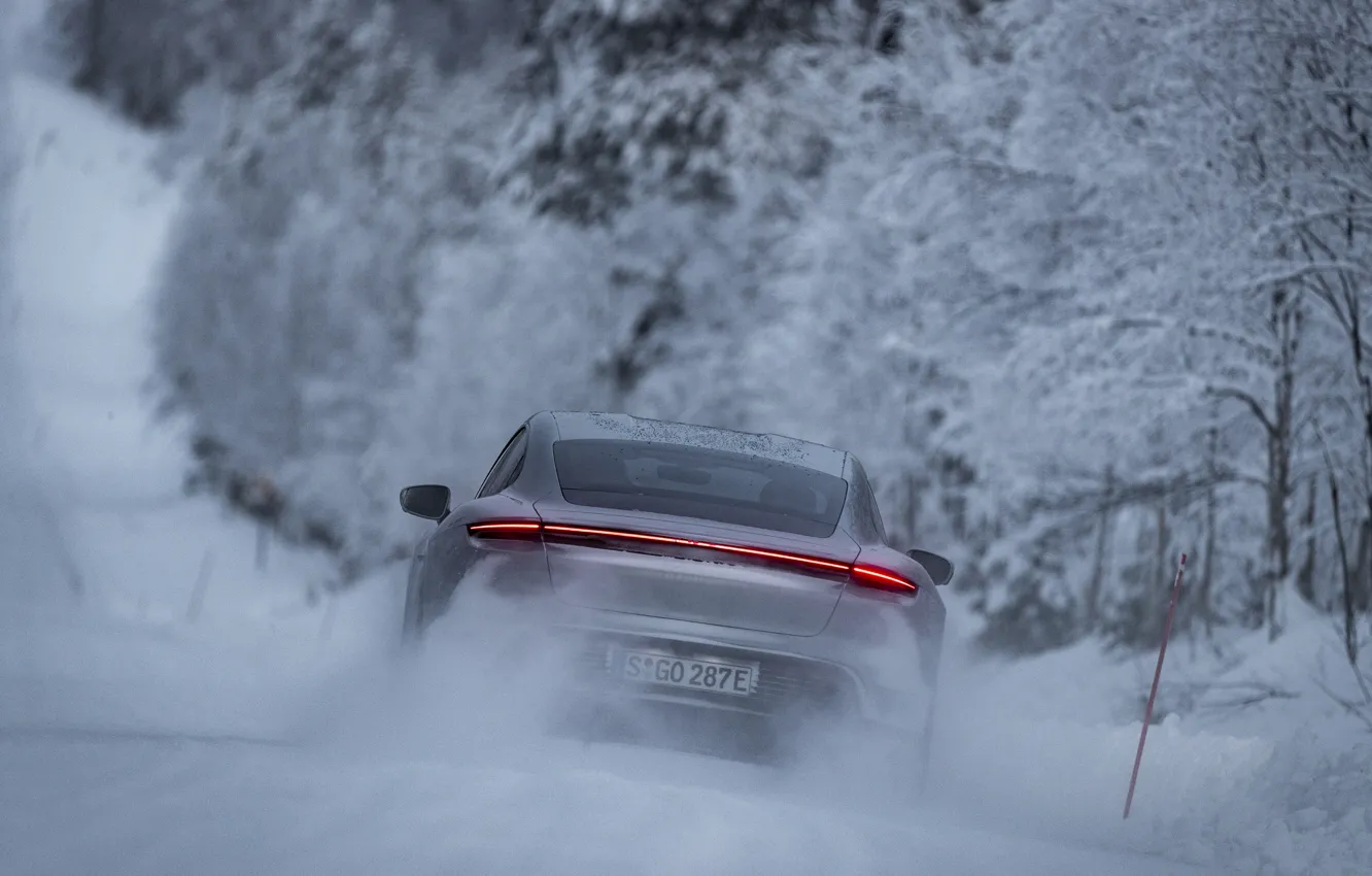 Photo wallpaper snow, grey, speed, Porsche, feed, 2020, Taycan, Taycan 4S