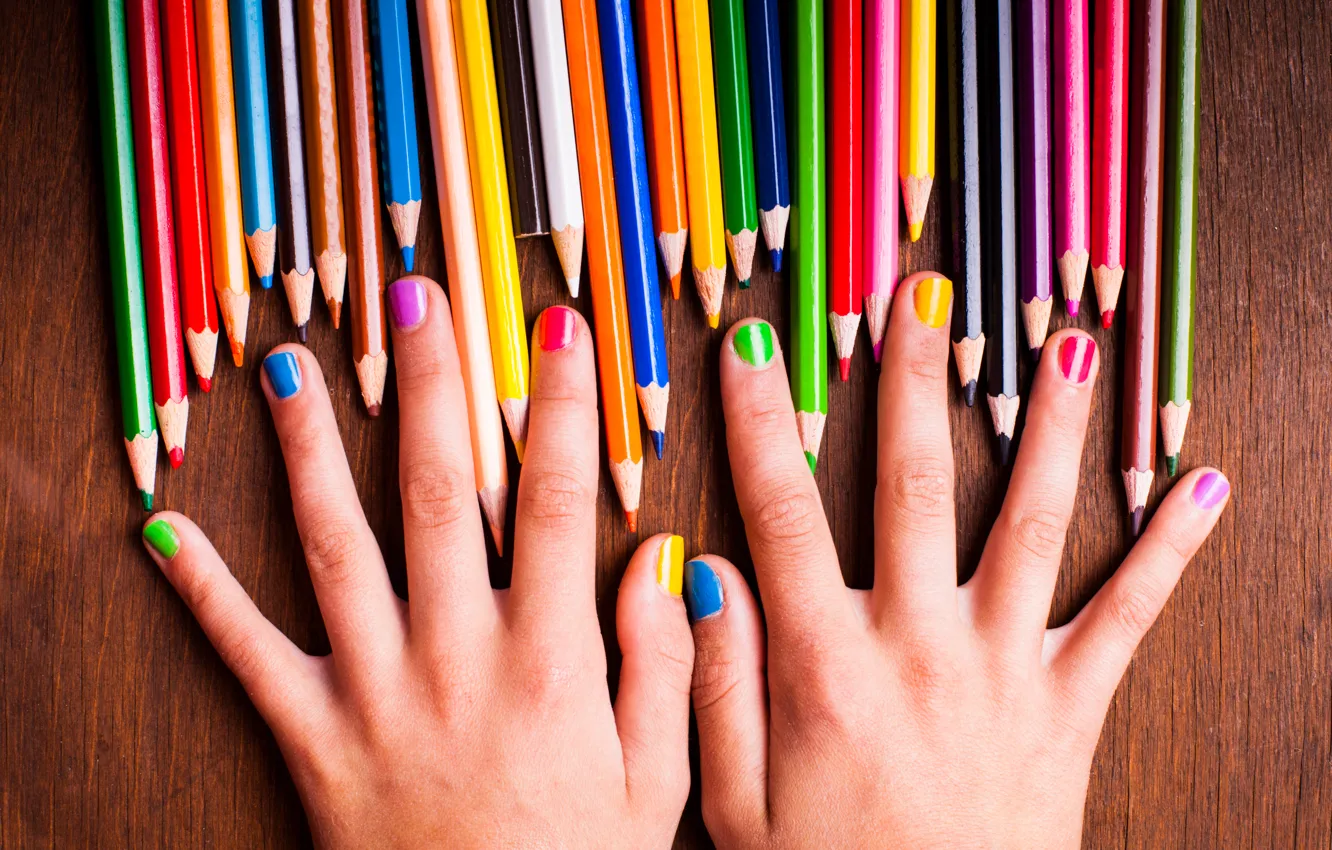 Photo wallpaper girl, paint, rainbow, colors, hands, pencils, colorful, rainbow
