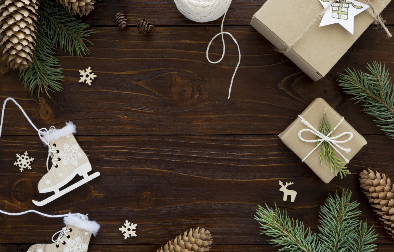 Photo wallpaper gift, new year, Christmas, Christmas, wood, New Year, skates, snowflakes