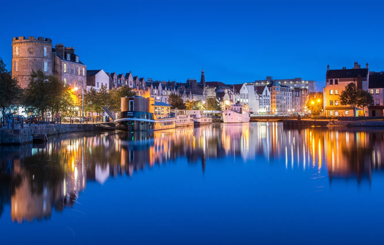 Photo wallpaper the sky, water, trees, lights, reflection, river, home, the evening