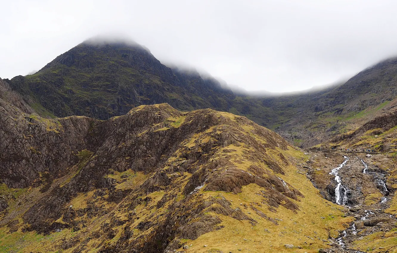 Photo wallpaper clouds, mountains, fog, stream, stones, rocks, UK, Wales