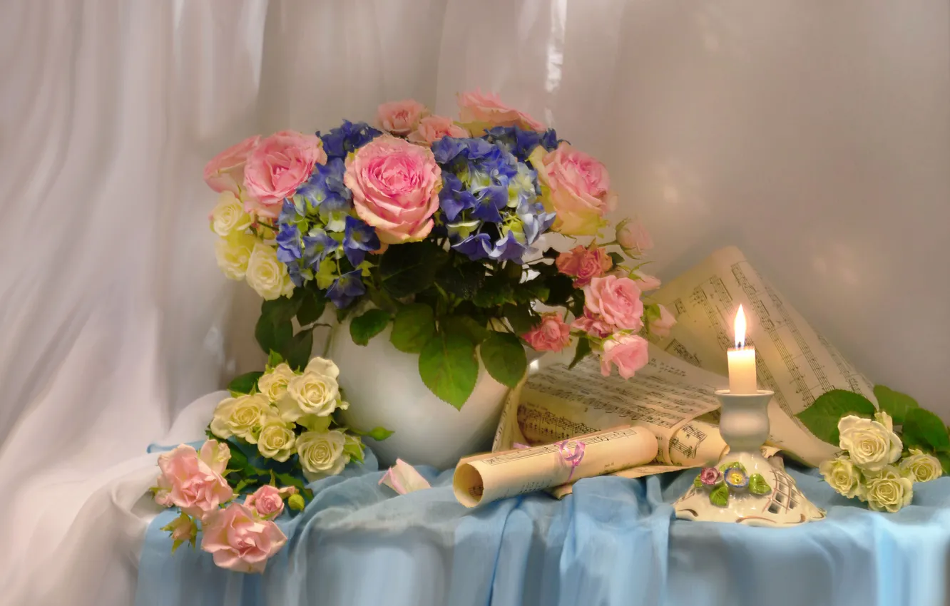 Photo wallpaper flowers, notes, roses, candle, spring, poems, March, still life photo