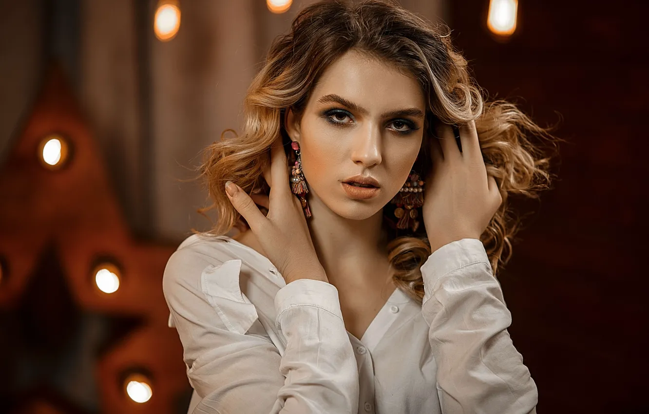 Photo wallpaper girl, decoration, earrings, makeup, blouse, brown hair, curls, Vladimir Vasiliev