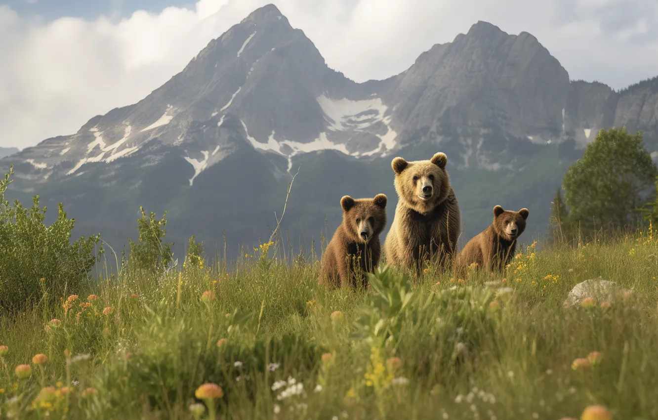 Photo wallpaper forest, sunset, nature, bear, bear, walk, family, bear