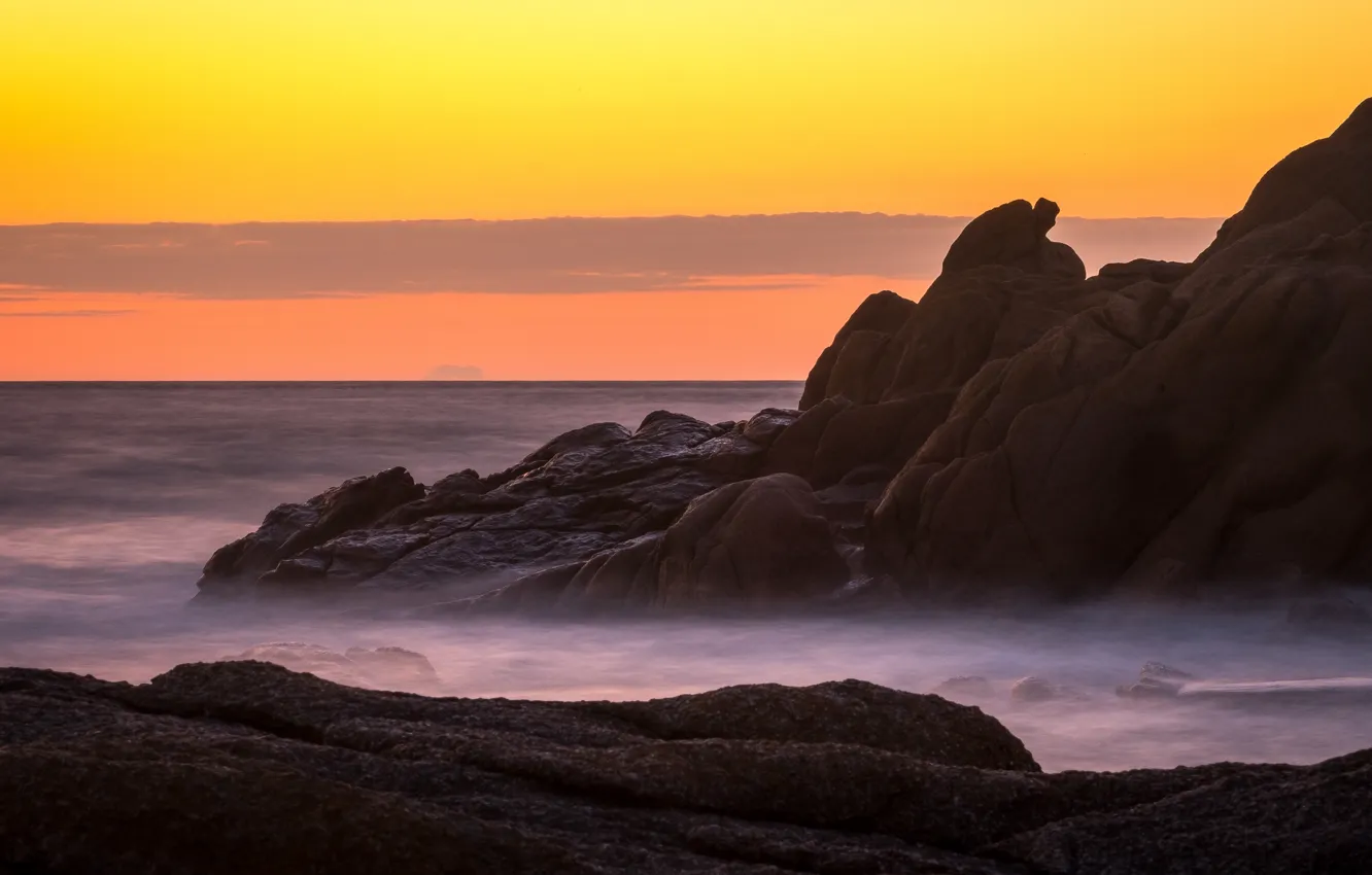Photo wallpaper sea, clouds, landscape, sunset, nature, stones, rocks, shore