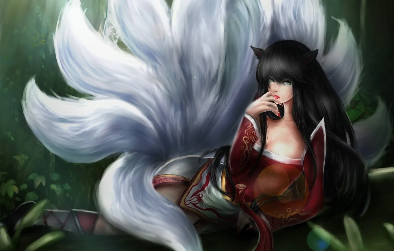 Photo wallpaper forest, look, girl, tail, gesture, art, lying, Fox