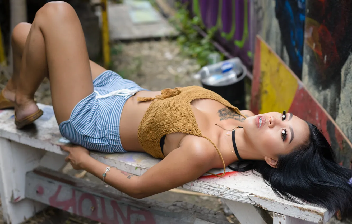 Photo wallpaper look, girl, face, clothing, hair, lies, legs, Gizel