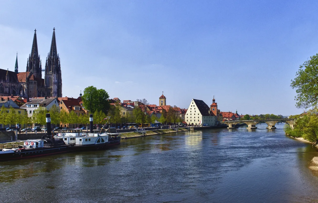 Photo wallpaper the sky, trees, bridge, river, ship, home, Cathedral