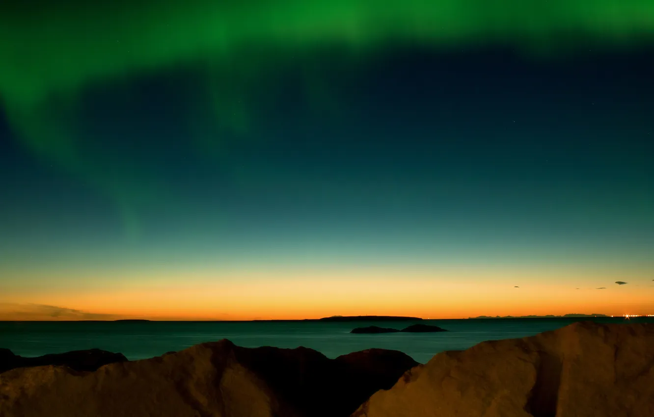 Photo wallpaper sea, the sky, stones, Northern lights