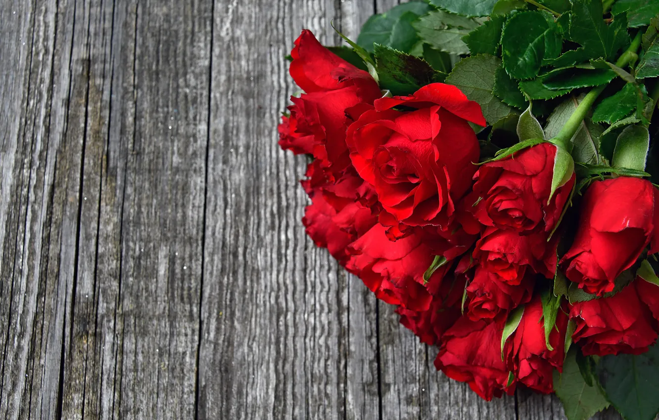Photo wallpaper roses, bouquet, red, wood, roses, bouguet