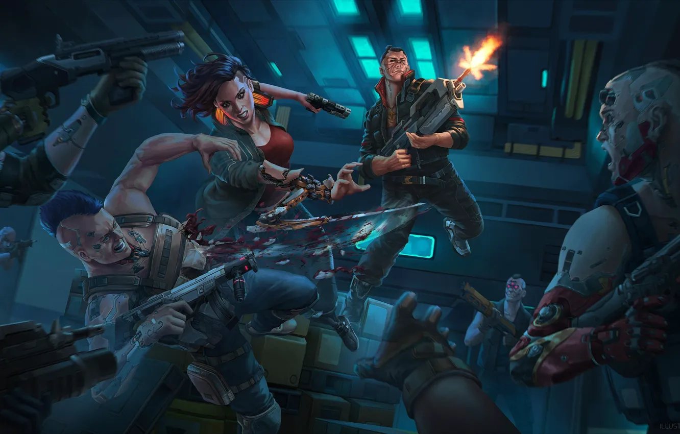 Photo wallpaper girl, weapons, attack, battle, art, male, cyborg, Cyberpunk 2077