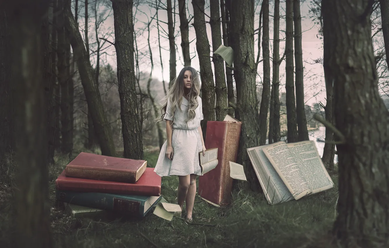 Photo wallpaper forest, girl, books