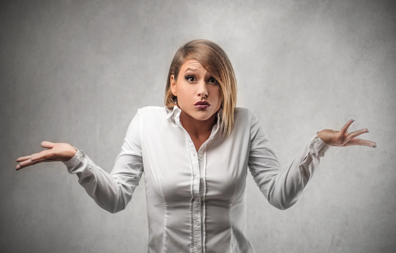 Photo wallpaper white, girl, face, background, surprise, makeup, hairstyle, shirt