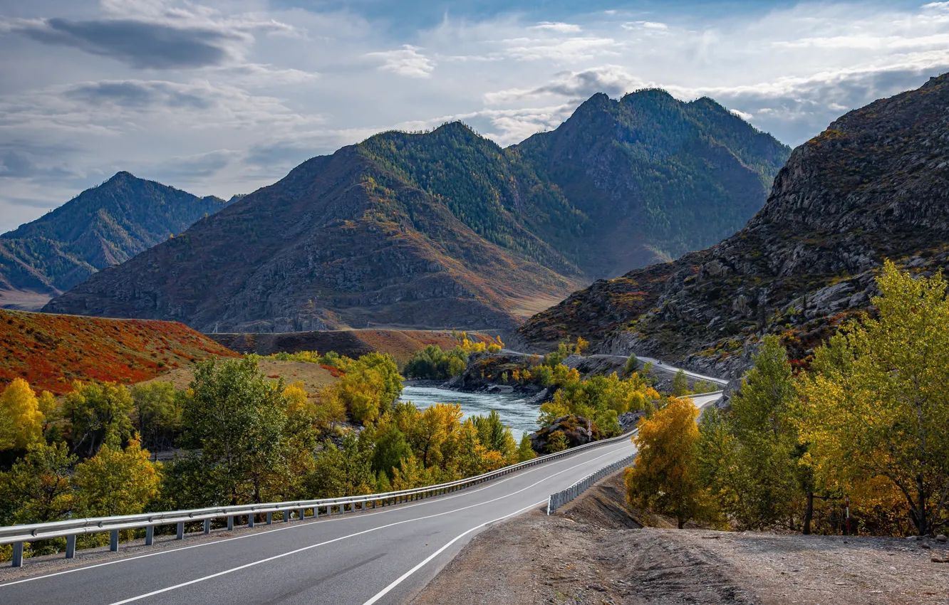 Photo wallpaper road, autumn, trees, mountains, river, Drobotenko Evgeny