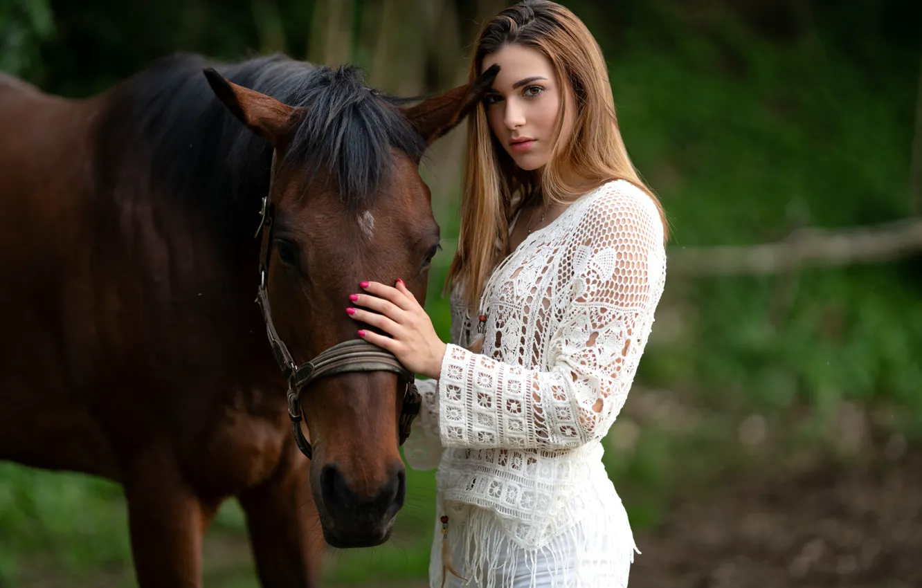 Photo wallpaper look, girl, pose, horse, beautiful, Elena, bokeh, manicure
