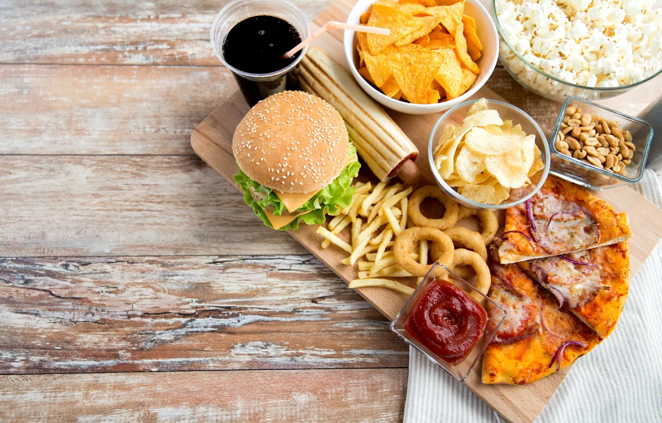Photo wallpaper pizza, ketchup, fast food, chips, French fries, Burger, onion rings