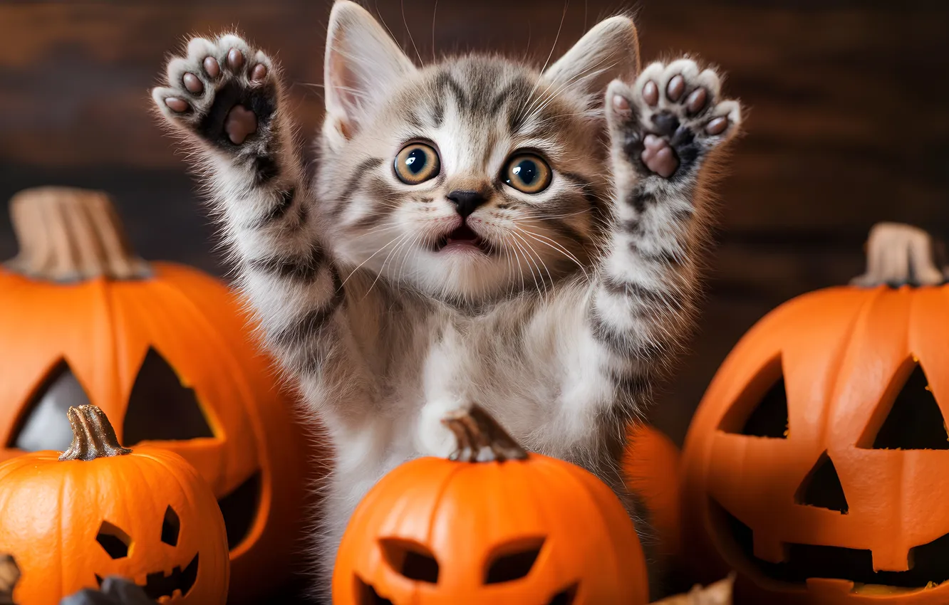 Photo wallpaper autumn, cat, look, pose, grey, holiday, legs, pumpkin