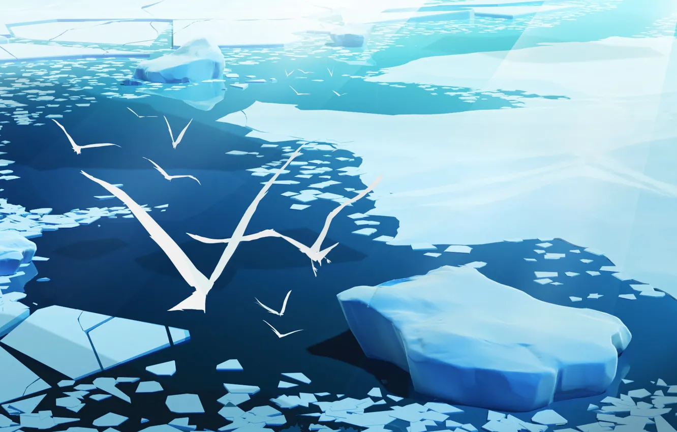 Photo wallpaper Water, Winter, Sea, Snow, Birds, Ice, Ice, Art