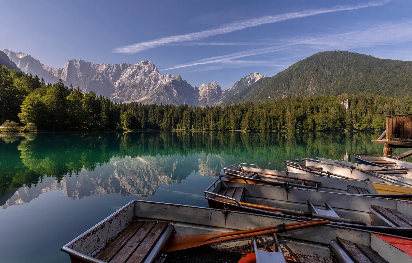Photo wallpaper forest, mountains, lake, reflection, boats, Alps, Italy, Italy