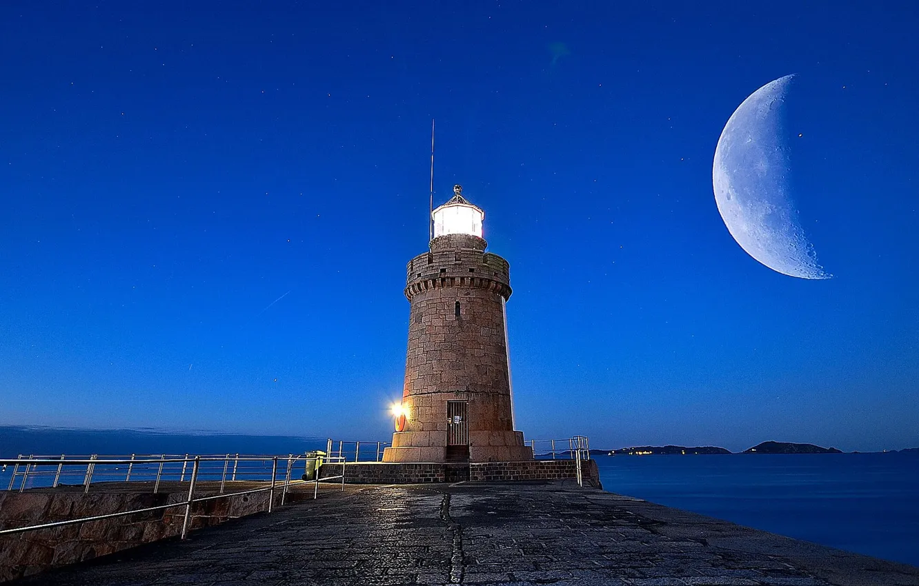 Photo wallpaper light, moon, twilight, sea, ocean, seascape, dusk, lighthouse