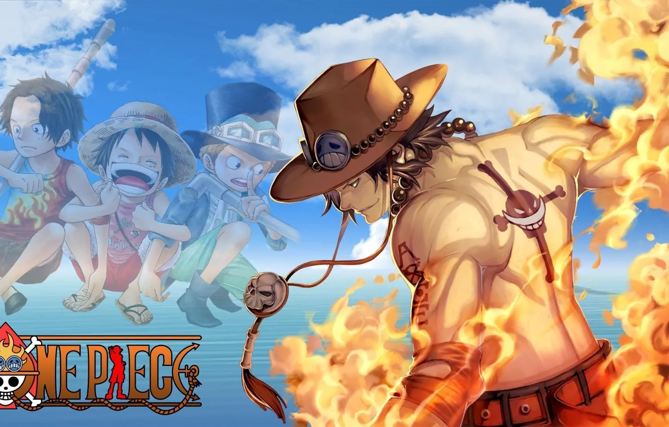 Photo wallpaper fire, sake, flame, logo, game, One Piece, sky, pirate