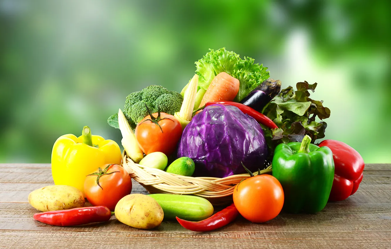 Photo wallpaper greens, table, background, corn, eggplant, pepper, vegetables, tomatoes