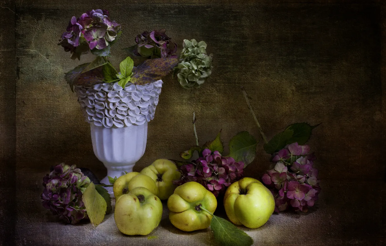 Photo wallpaper flowers, retro, apples, vase, still life