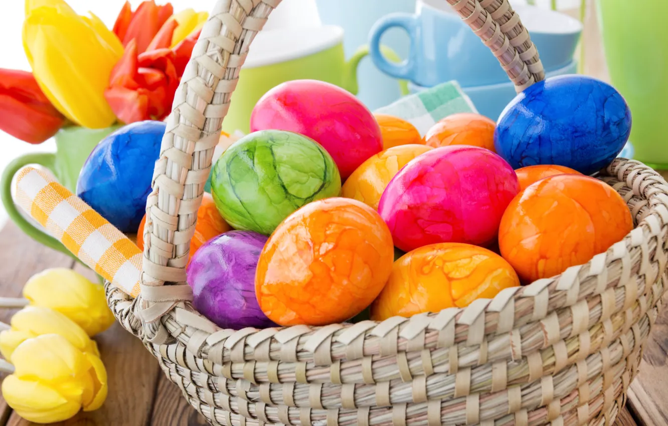 Photo wallpaper flowers, basket, spring, colorful, Easter, tulips, happy, flowers
