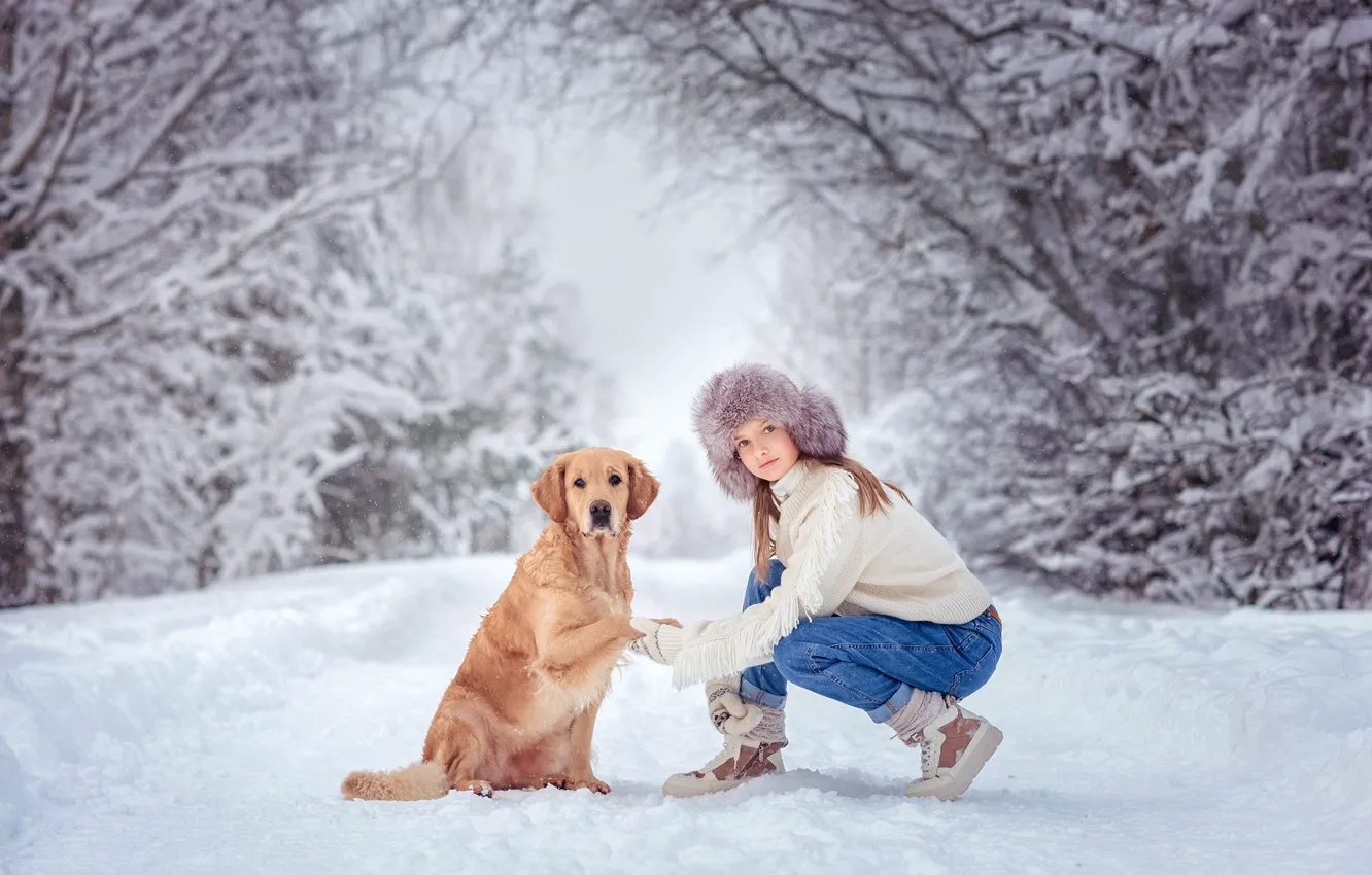 Photo wallpaper winter, girl, snow, trees, nature, animal, dog, dog