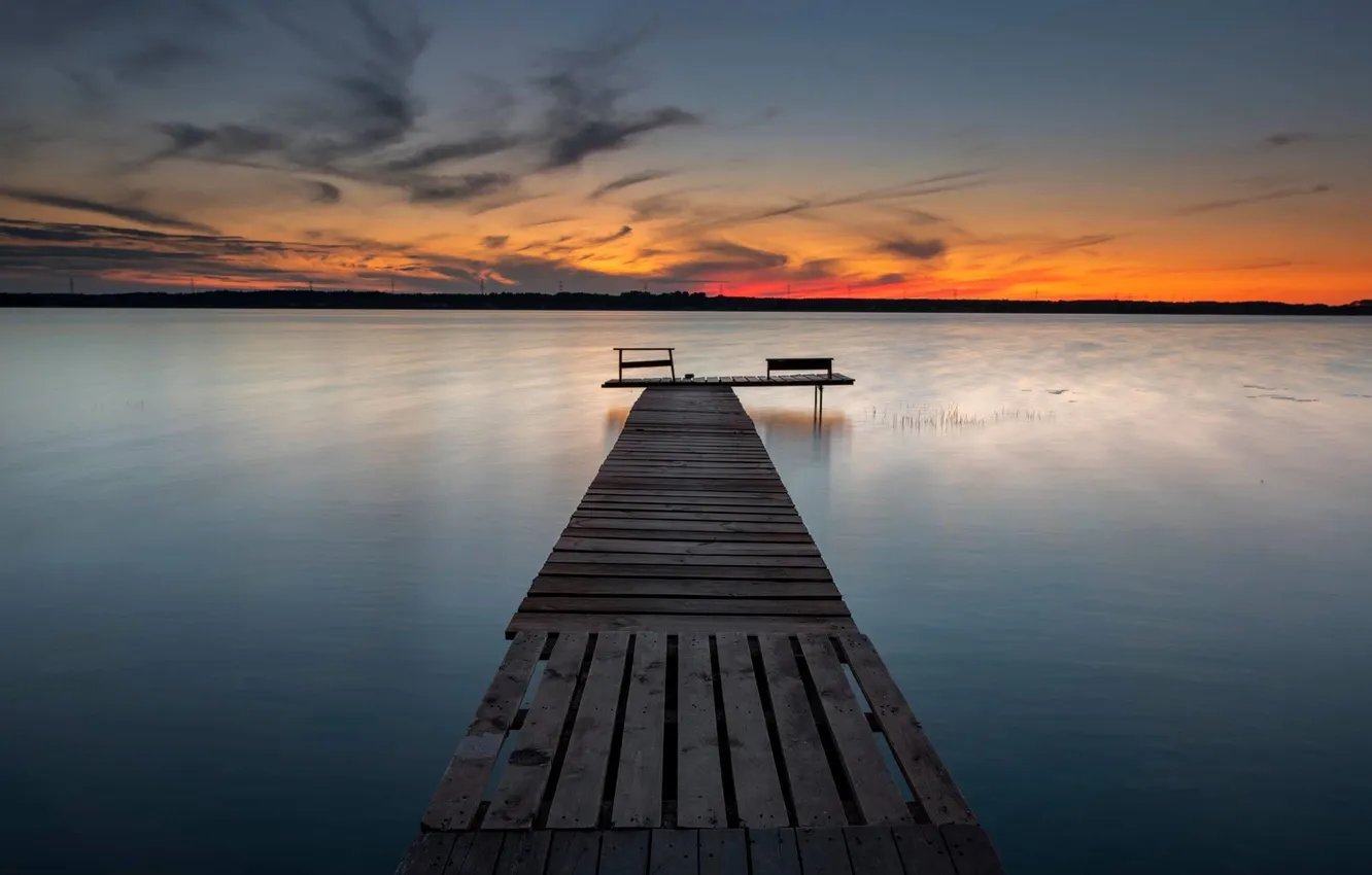 Photo wallpaper clouds, sunset, shore, Board, dal, horizon, pierce, the bridge