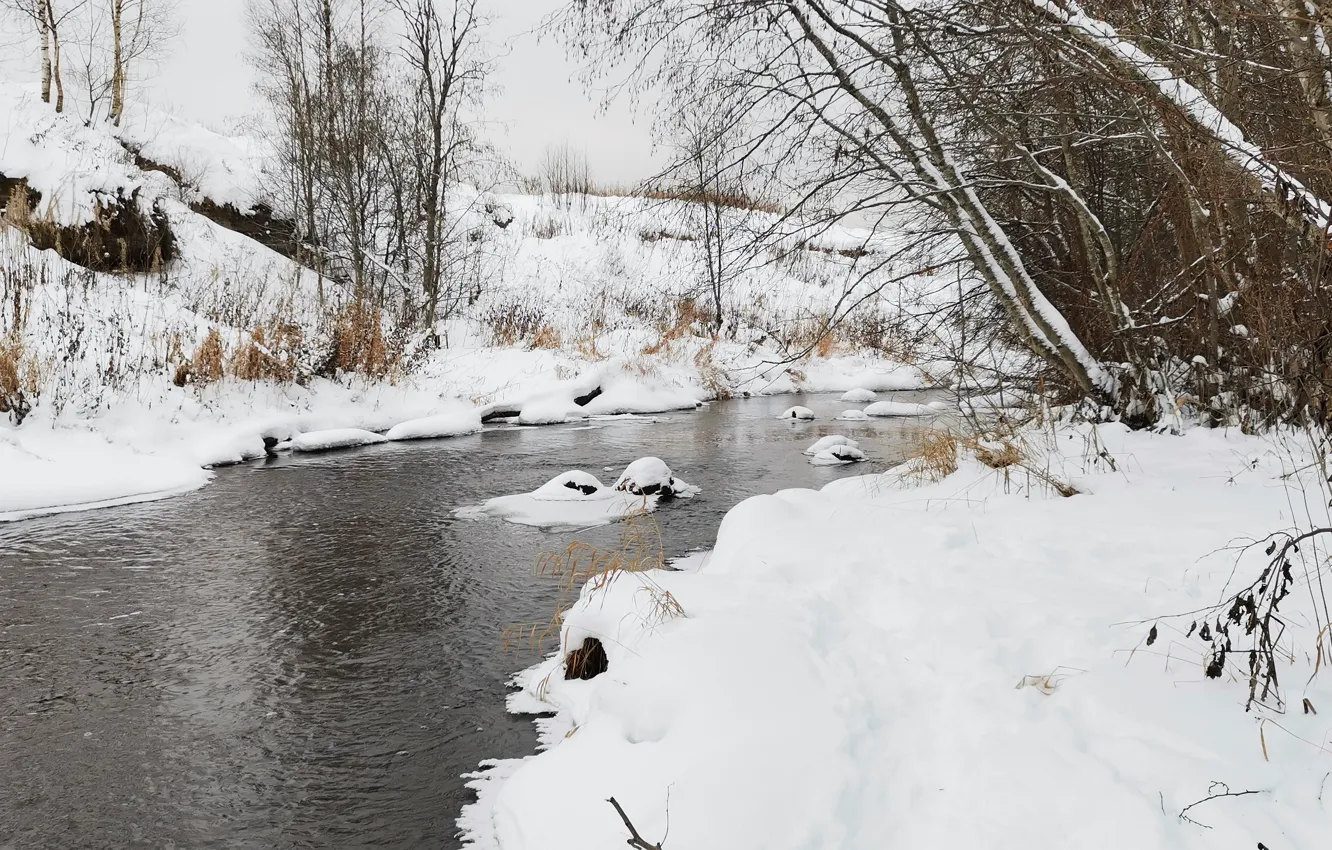 Photo wallpaper Water, Nature, Winter, Trees, River, Snow, Stones, Stream