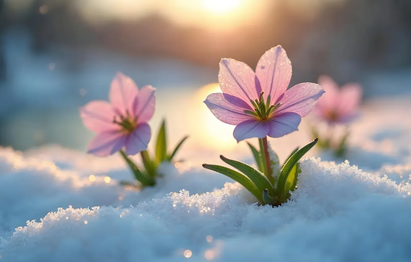 Photo wallpaper winter, snow, flowers, spring, flowers, winter, snow, spring