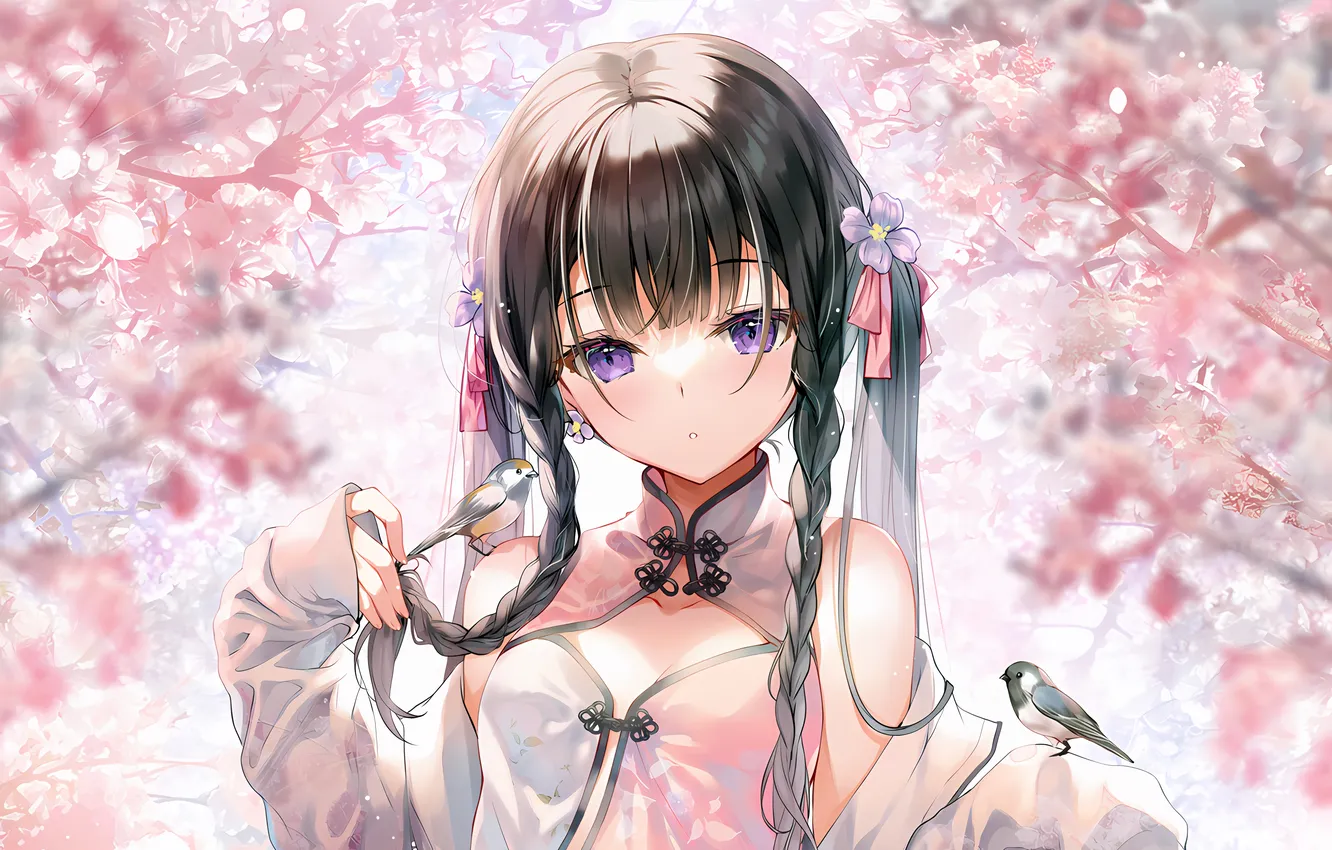 Photo wallpaper girl, sexy, cleavage, long hair, dress, nature, boobs, anime