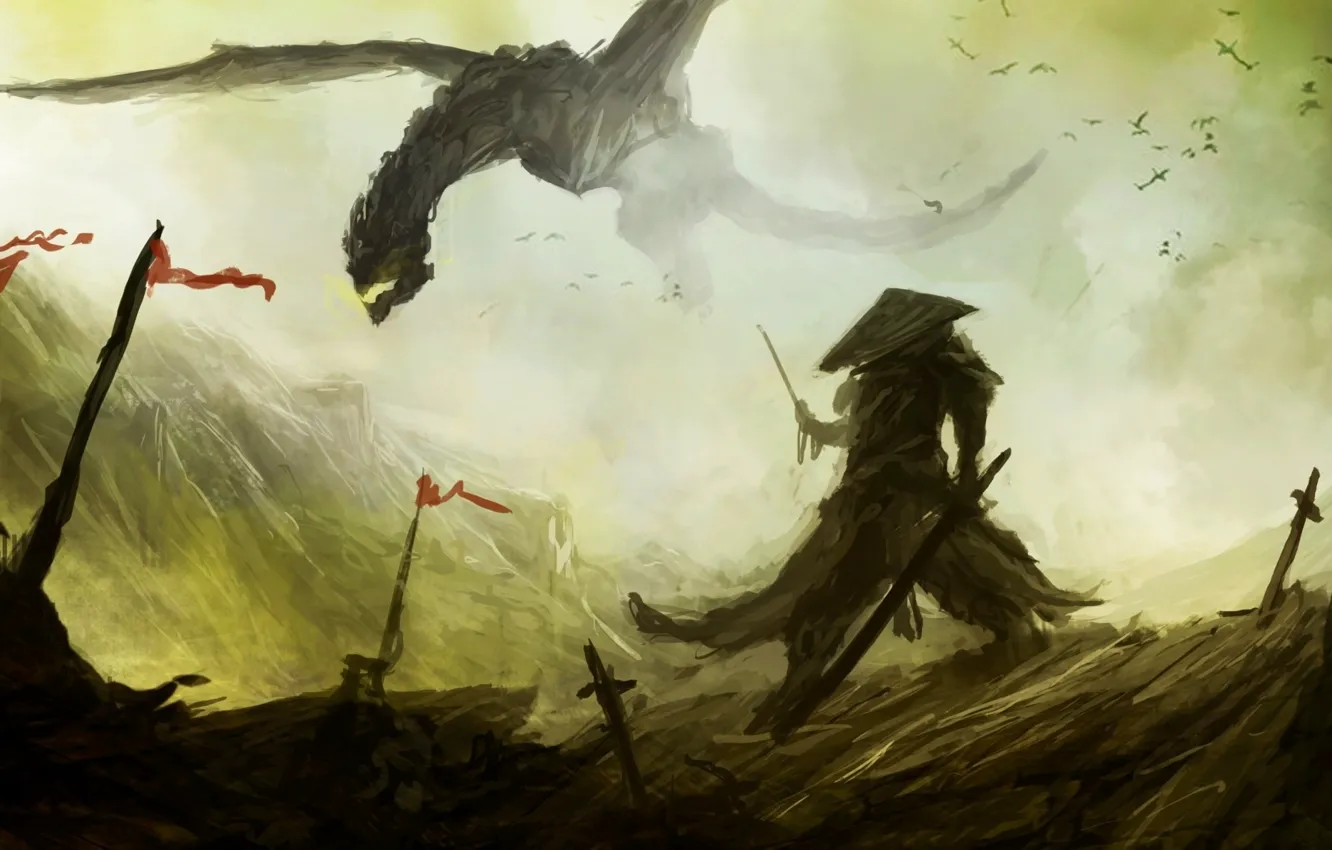 Photo wallpaper fiction, dragon, art, samurai, dragon, banner, samurai, battlefield