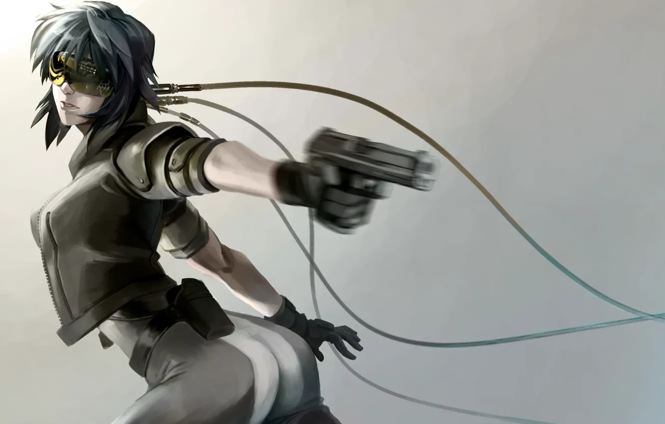Photo wallpaper girl, gun, weapons, movement, wire, art, glasses, ghost in the shell