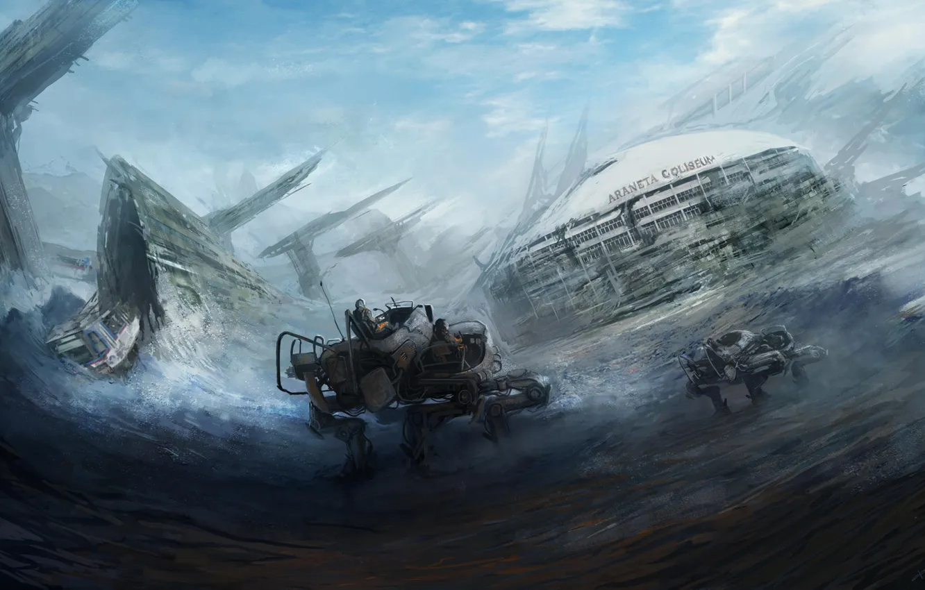 Photo wallpaper the wreckage, snow, fiction, people, robot, art, cloudminedesign