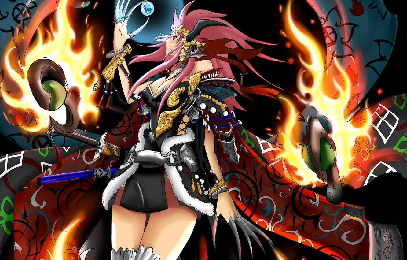 Photo wallpaper girl, lights, weapons, balls, magic, katana, anime, art