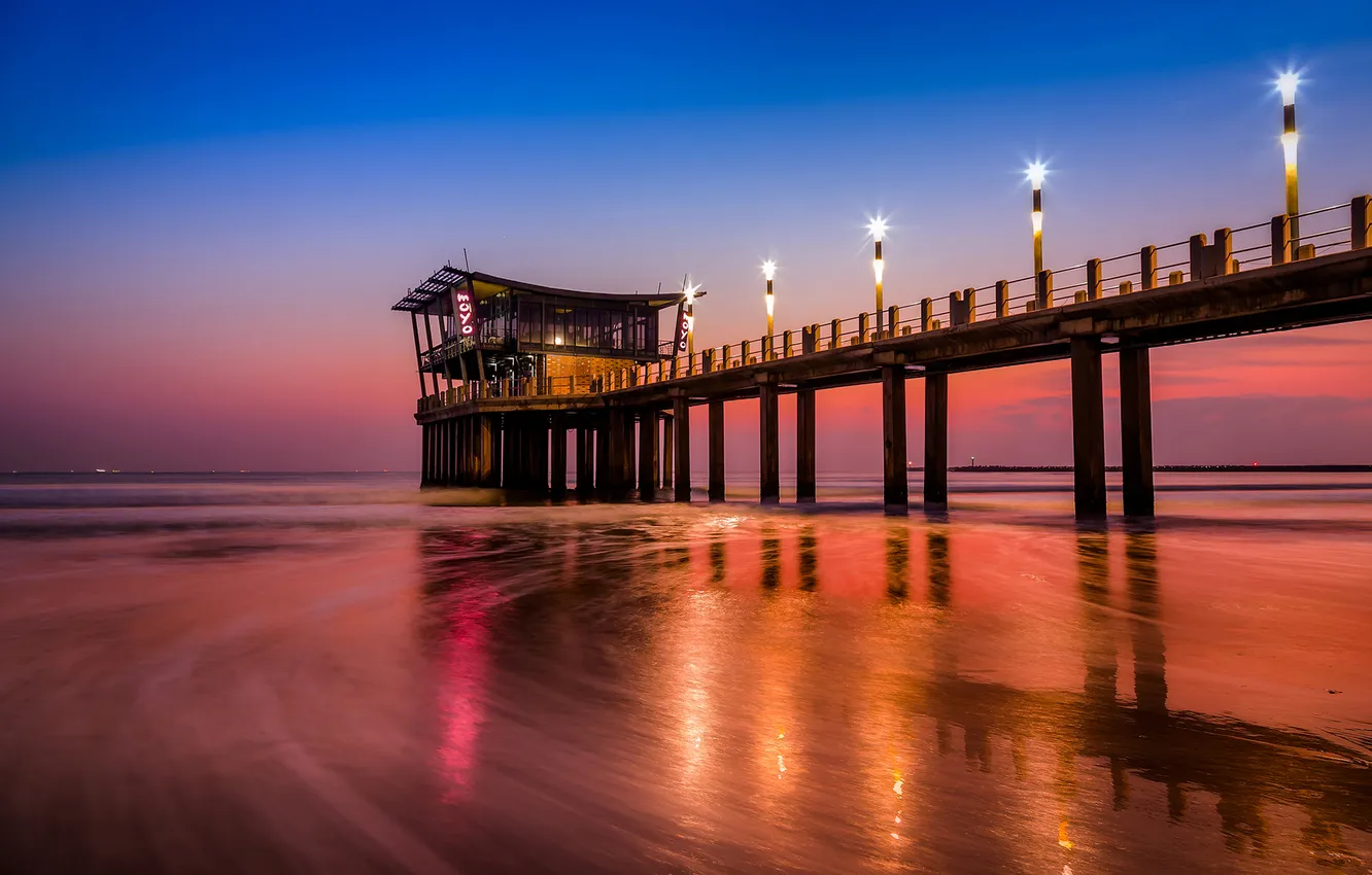 Photo wallpaper lights, sea, ocean, sunset, pier
