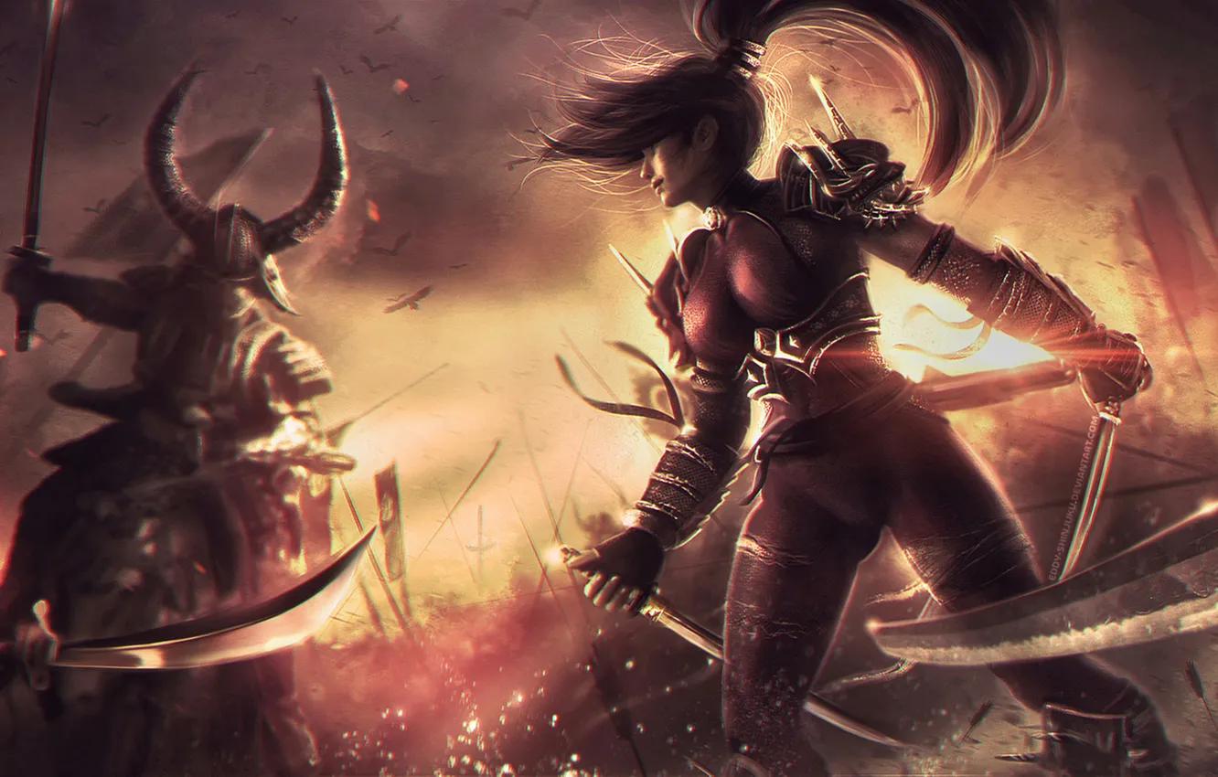 Photo wallpaper girl, sword, battle, dagger, battle, fight, samurai, ninja