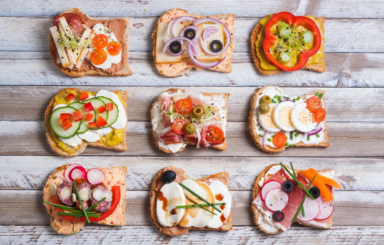 Photo wallpaper eggs, cheese, bow, bread, pepper, tomatoes, olives, sauce